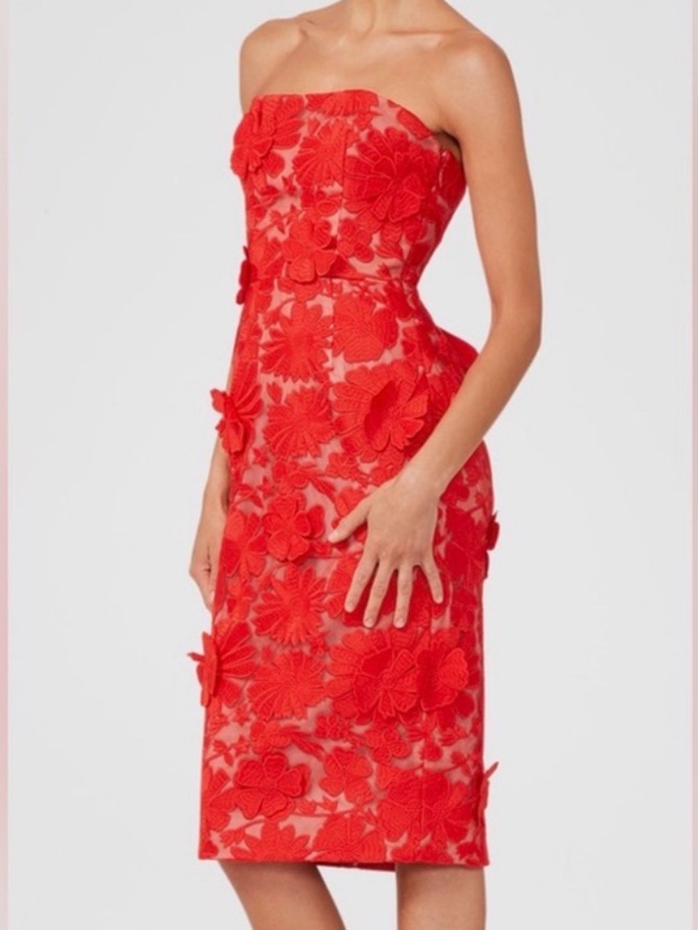Anthropologie Helsi Cecilia Red Strapless Lace-Up Floral Appliqué Dress. NWT